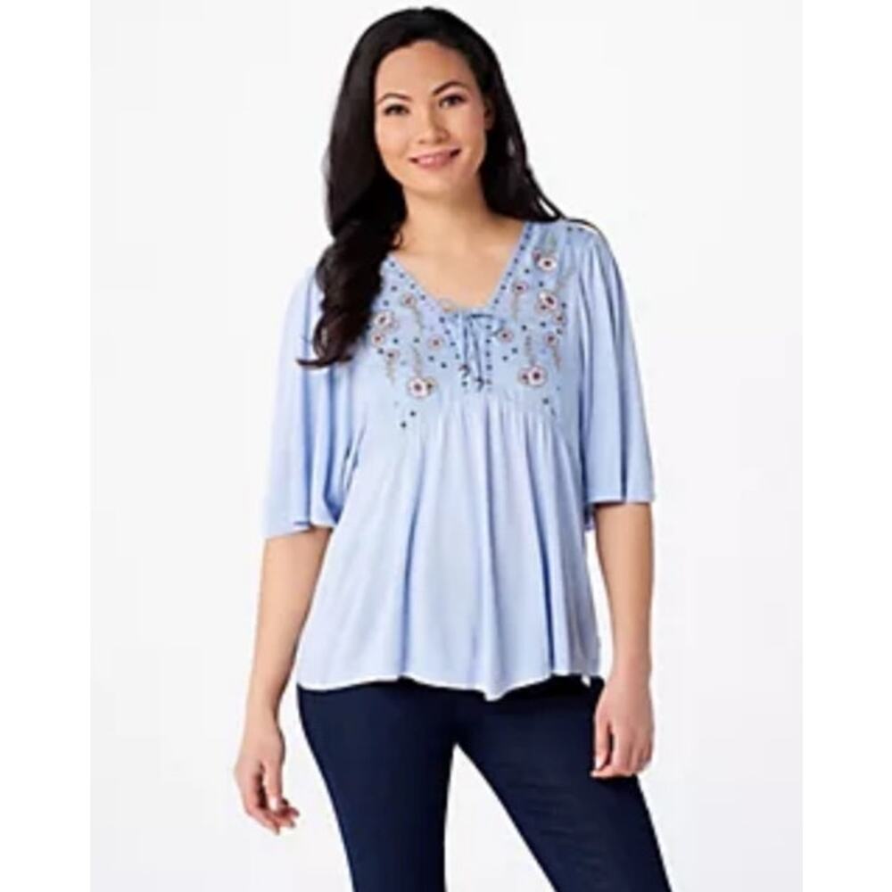 Haute Hippie Tribe Blue Viscose Floral Embroidered Short Sleeve Blouse Size‎ S